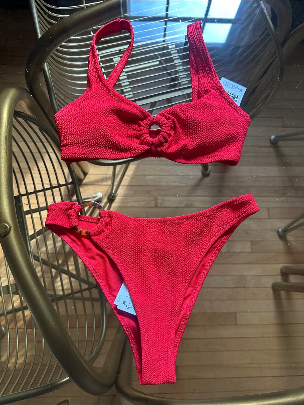 Bright Red Padded Bikini Set with Ring-Detail